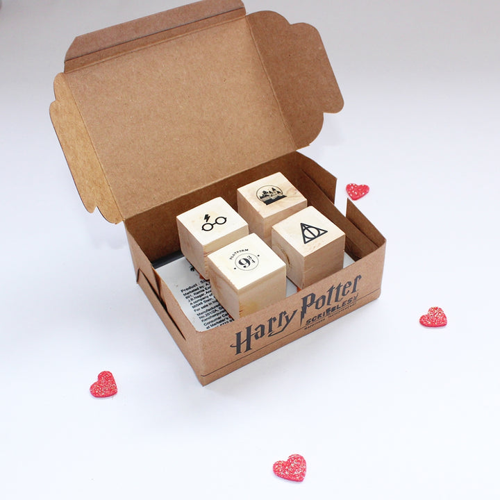 Official Harry Potter Mini Rubber Stamps on a Wooden Mount - Set of 4 (Hogwarts, DeathlyH, HPSymb, Plat 9 3/4)