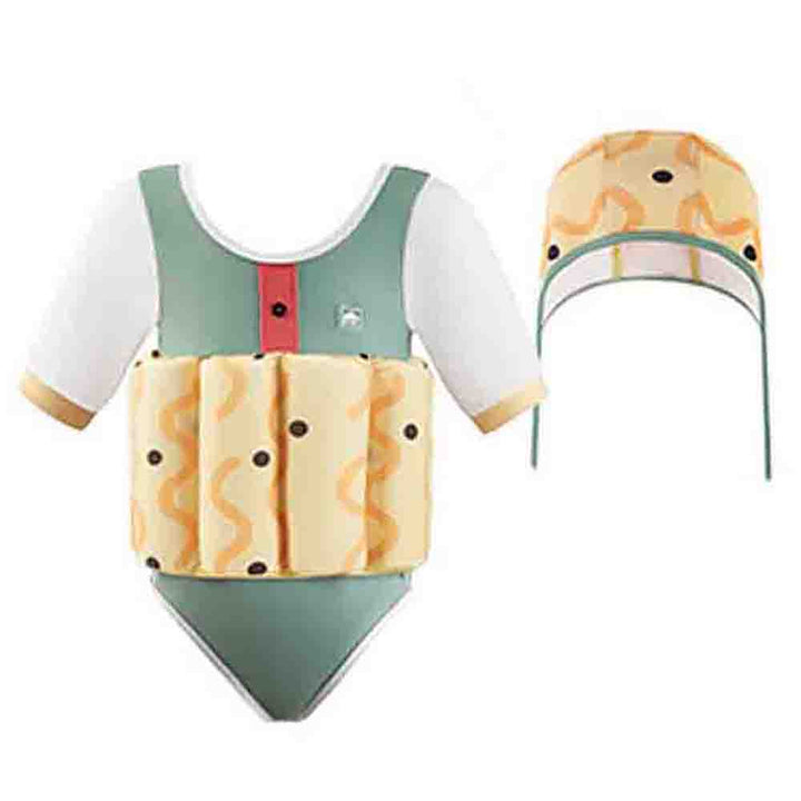 Olive & Yellow Curves Print Kids Swimsuit with attached Swim Floats + Tie Up Cap in UPF 50+