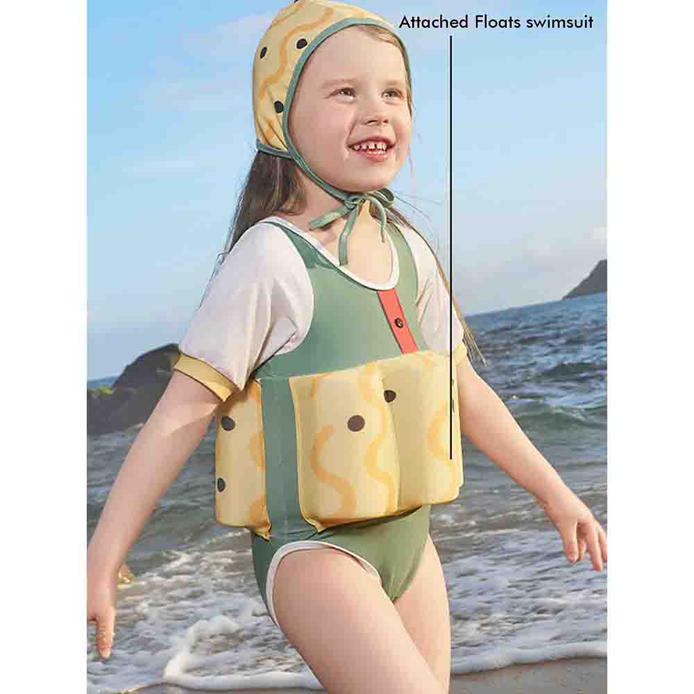 Olive & Yellow Curves Print Kids Swimsuit with attached Swim Floats + Tie Up Cap in UPF 50+