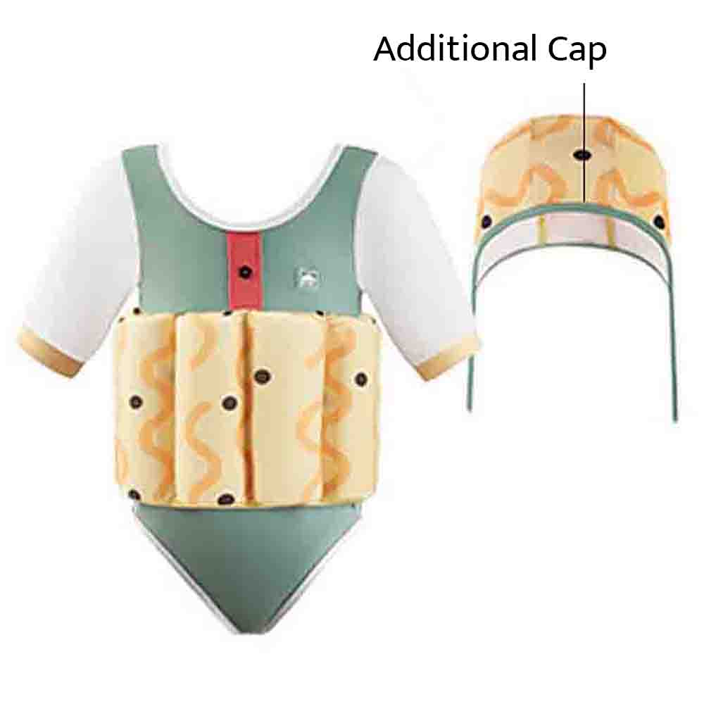 Olive & Yellow Curves Print Kids Swimsuit with attached Swim Floats + Tie Up Cap in UPF 50+