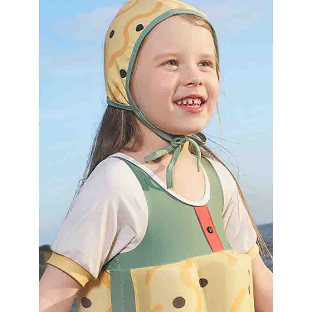 Olive & Yellow Curves Print Kids Swimsuit with attached Swim Floats + Tie Up Cap in UPF 50+