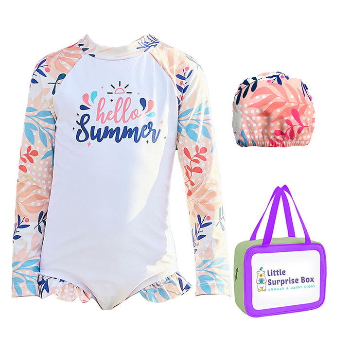 One Piece Hello Summer Floral Print Swimwear + Swim Cap for Kids & Toddlers