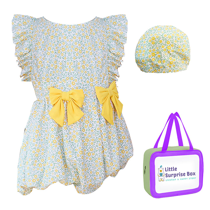 One Piece Little Miss Yellow Bow Print Swimwear + Swim Cap for Kids & Toddlers