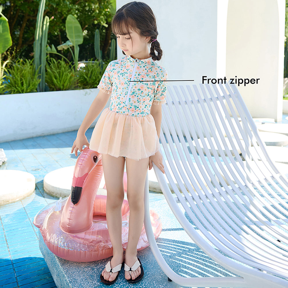 Peach & Green Small Floral Tutu Style Swimwear for Toddlers & Kids