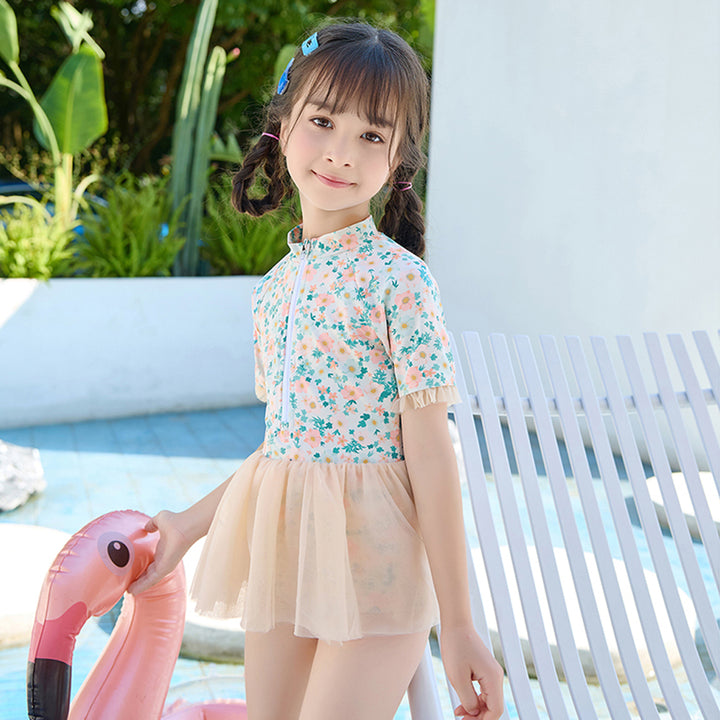 Peach & Green Small Floral Tutu Style Swimwear for Toddlers & Kids