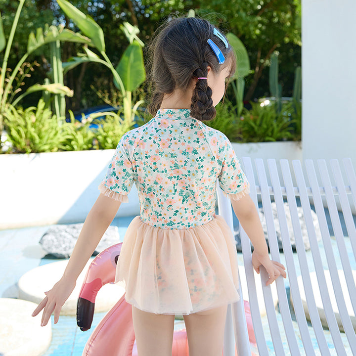 Peach & Green Small Floral Tutu Style Swimwear for Toddlers & Kids