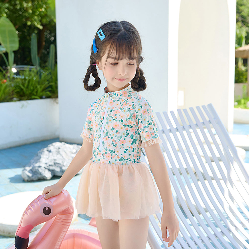 Peach & Green Small Floral Tutu Style Swimwear for Toddlers & Kids