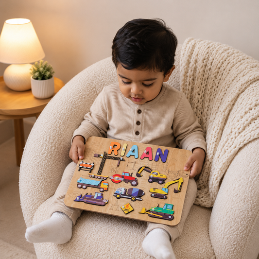 Personalised Wooden Name Puzzle- Construction Site (Vibrant)
