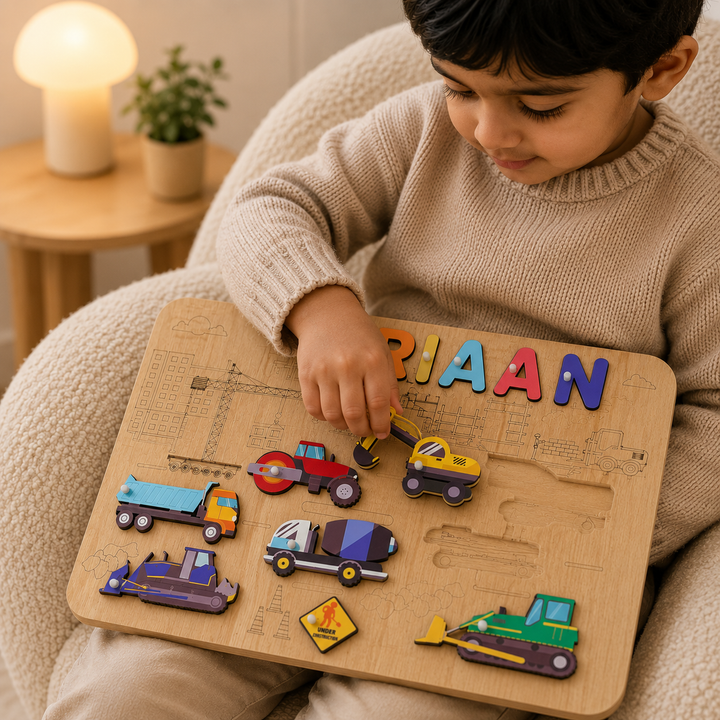 Personalised Wooden Name Puzzle- Construction Site (Vibrant)