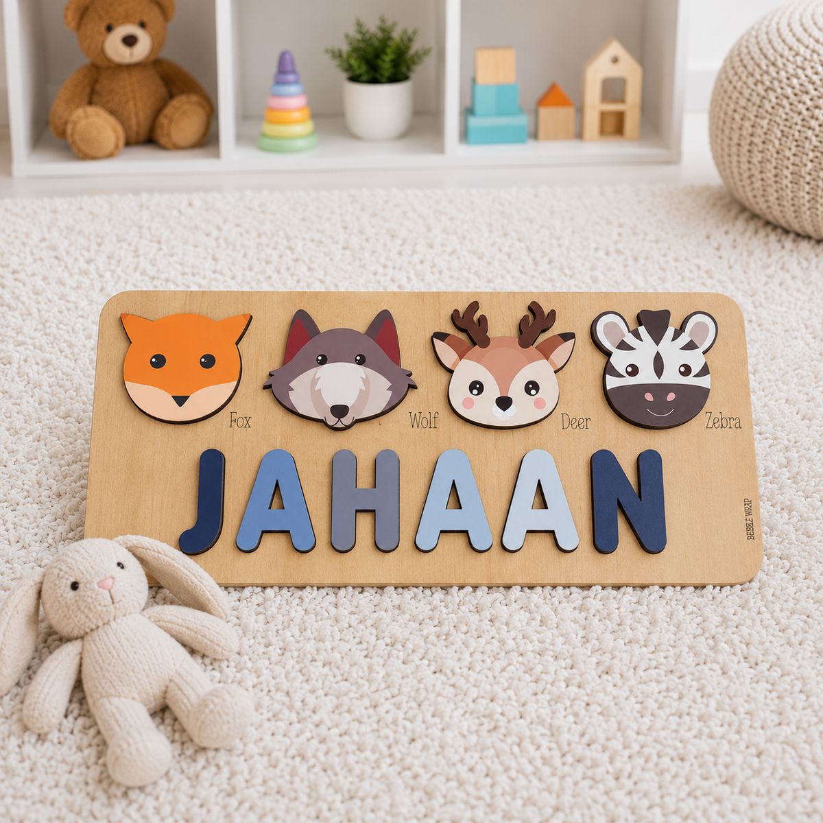 Personalised Wooden Name Puzzle- Fauna (4 Elements with Name on Bottom)