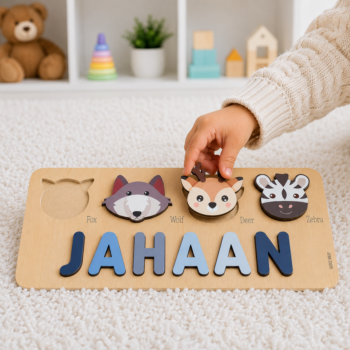 Personalised Wooden Name Puzzle- Fauna (4 Elements with Name on Bottom)