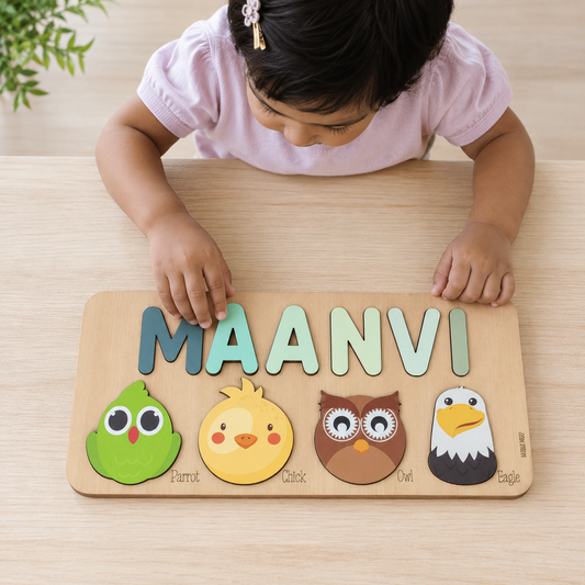 Personalised Wooden Name Puzzle- Fauna (4 Elements with Name on Top)
