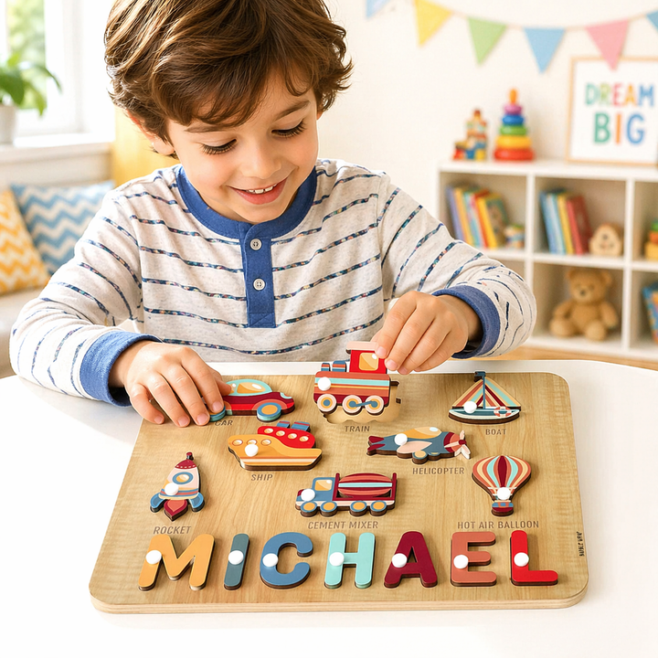 Personalised Wooden Name Puzzle- Transport