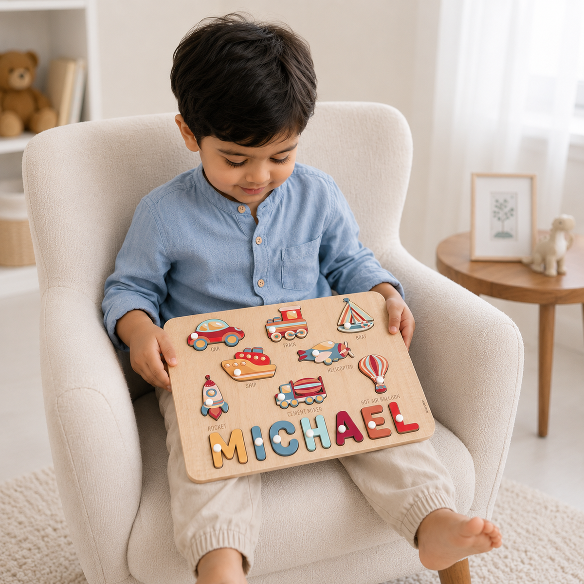 Personalised Wooden Name Puzzle- Transport