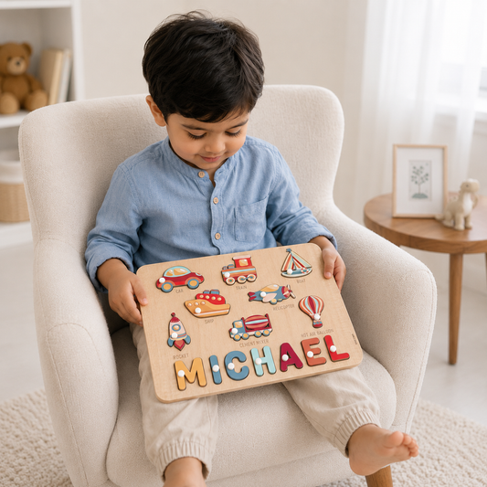 Personalised Wooden Name Puzzle- Transport