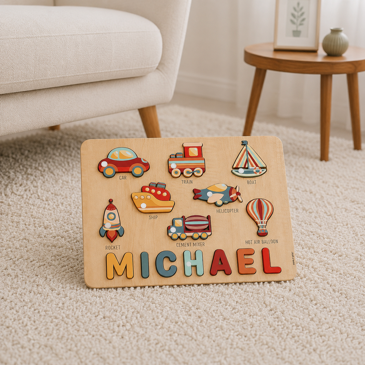 Personalised Wooden Name Puzzle- Transport