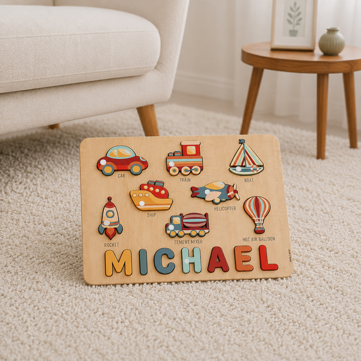 Personalised Wooden Name Puzzle- Transport