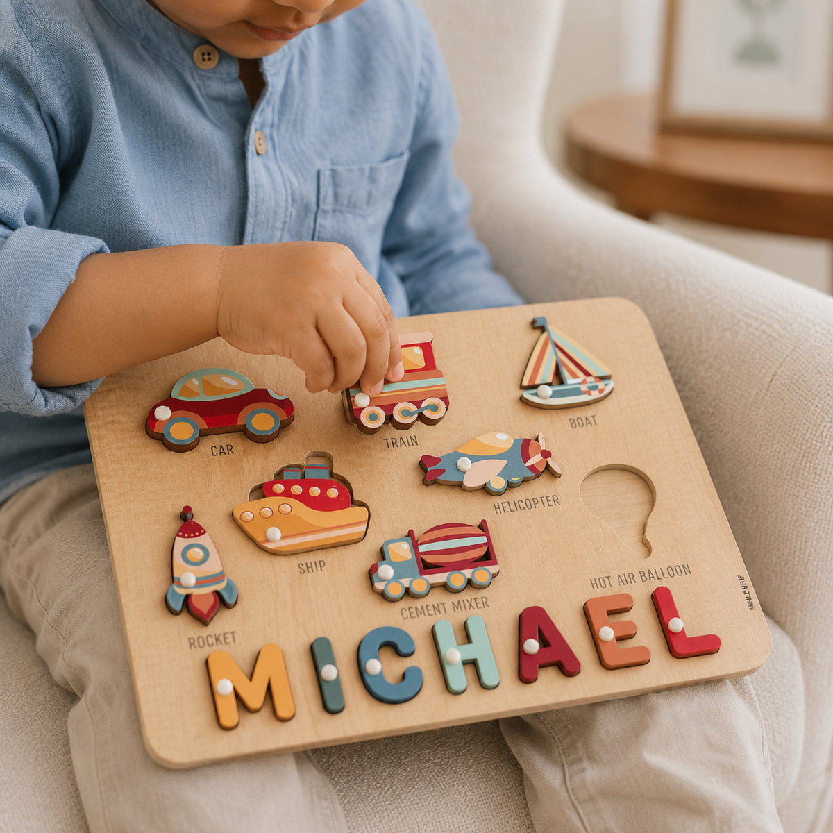 Personalised Wooden Name Puzzle- Transport