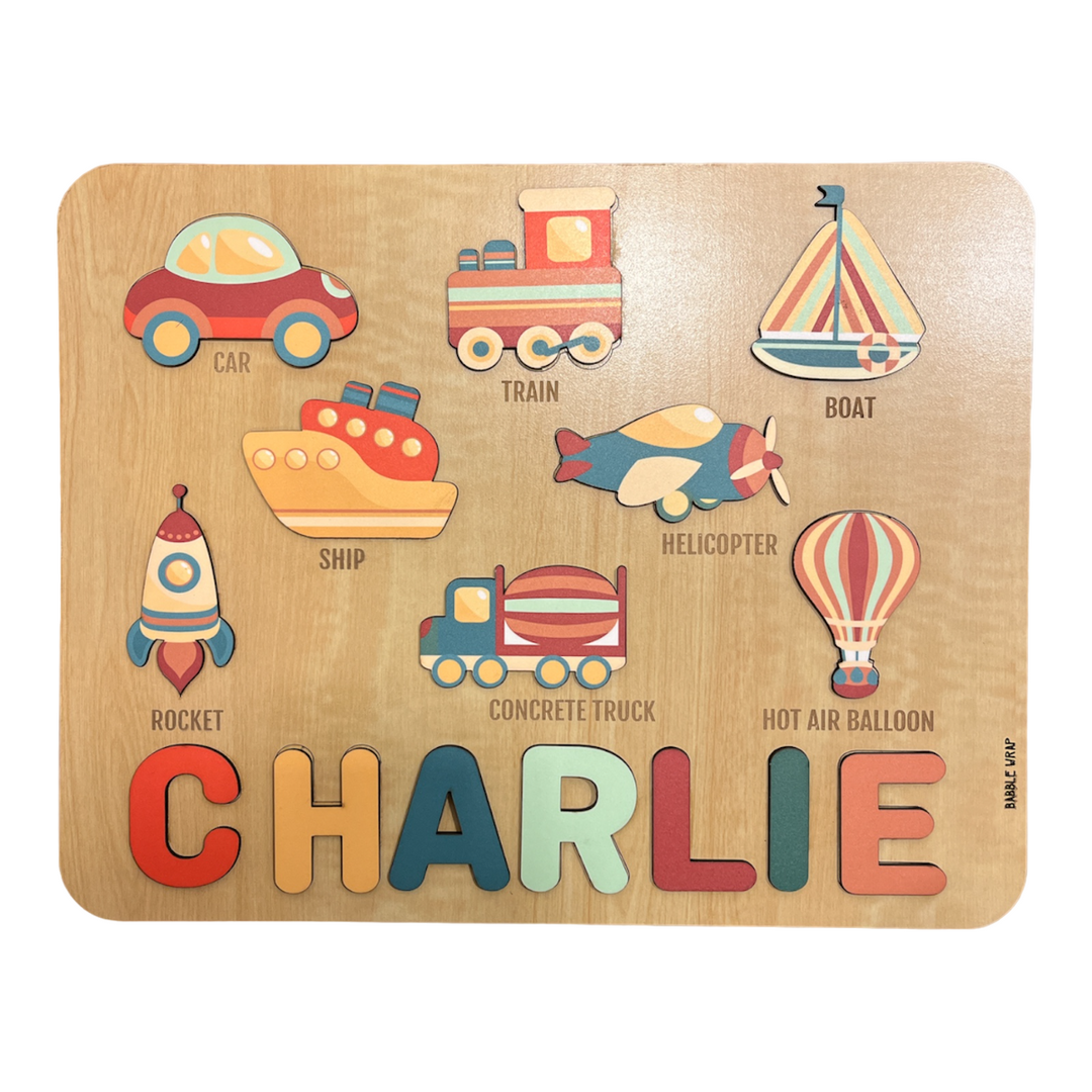 Personalised Wooden Name Puzzle- Transport