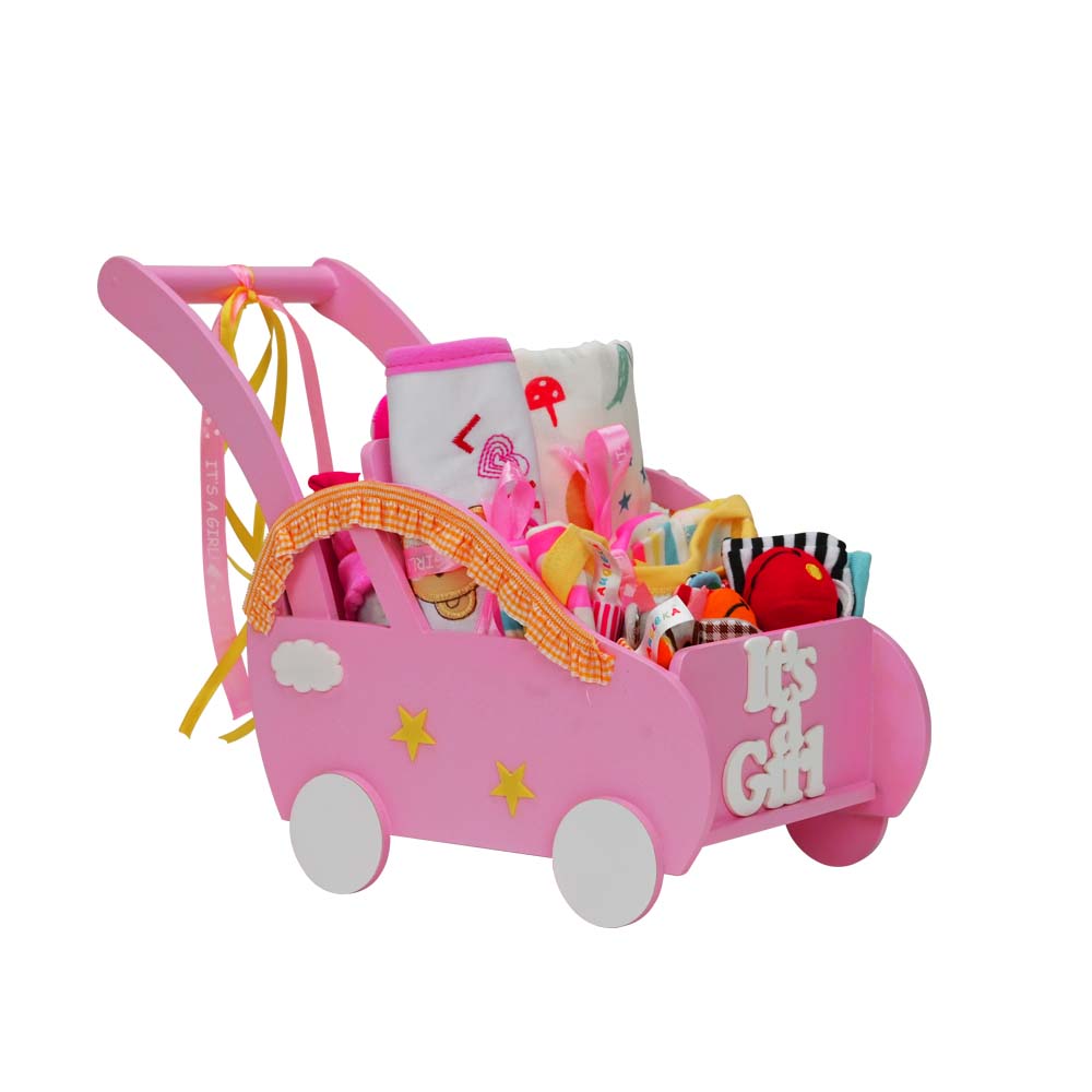 Pink 0 to 12 months Baby Girl Gift Toy Wooden Pram Hamper