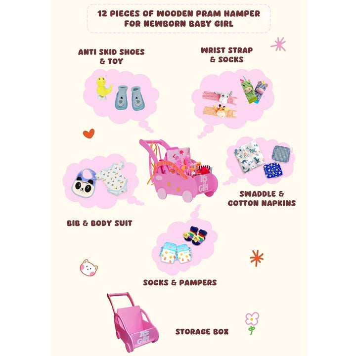 Pink 0 to 12 months Baby Girl Gift Toy Wooden Pram Hamper