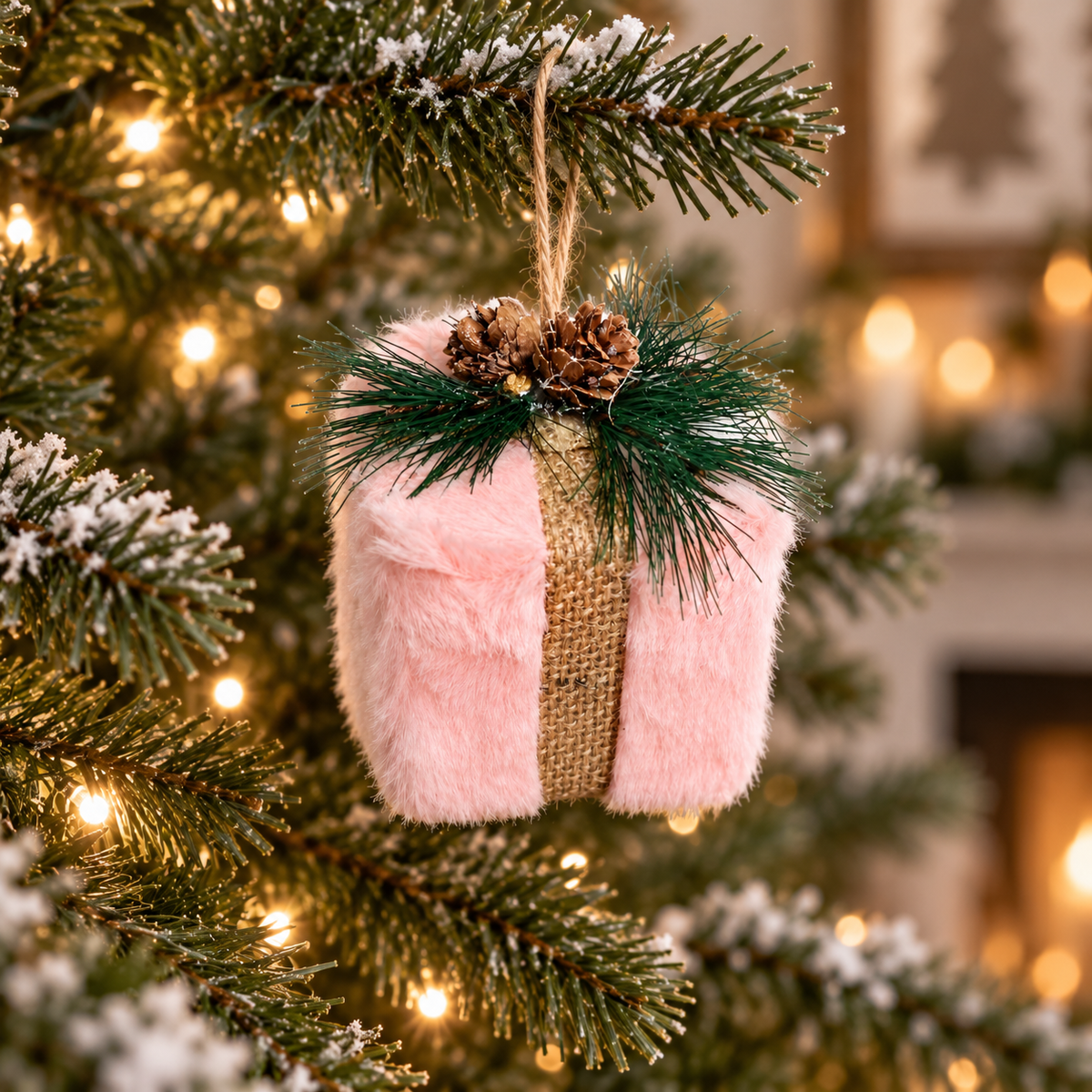 Plush Pink Gift Box Tree Ornament