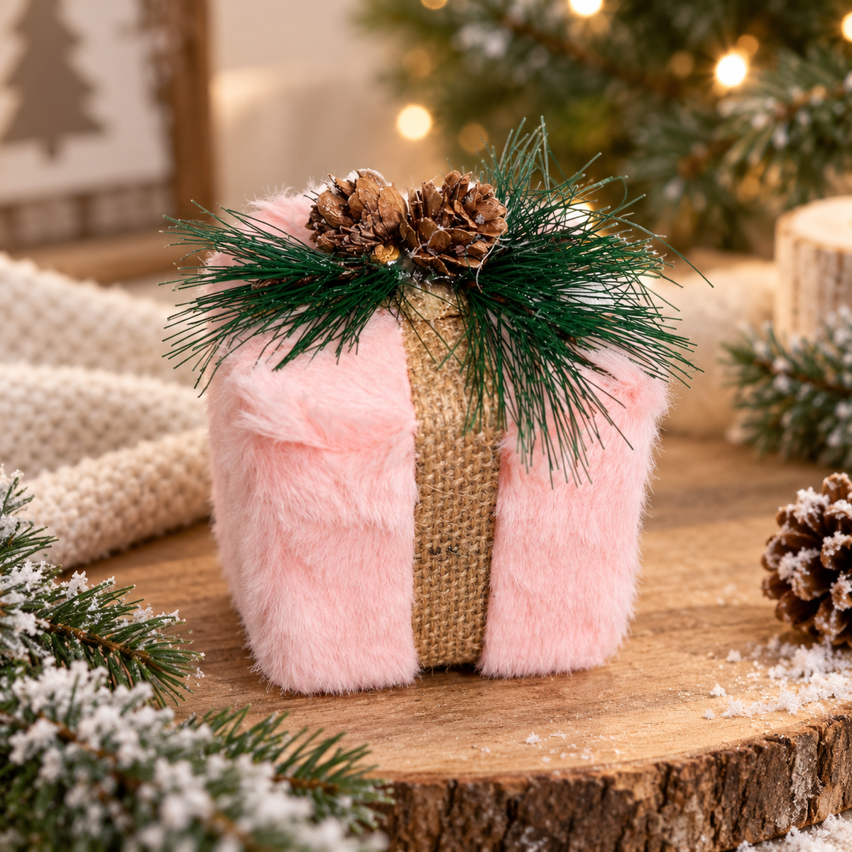 Plush Pink Gift Box Tree Ornament