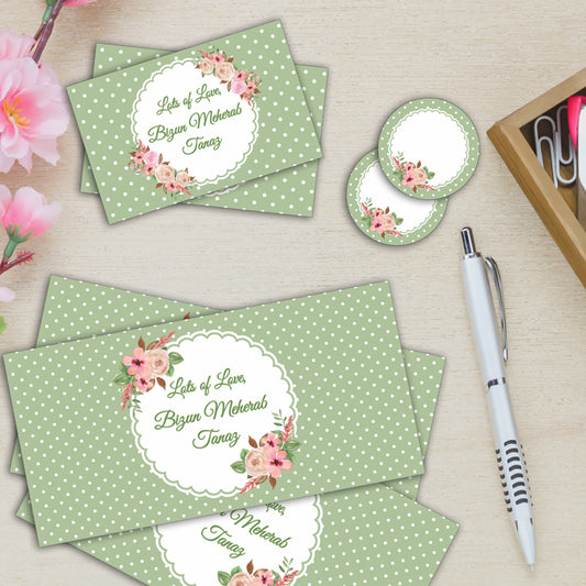 PERSONALISED GIFT ENVELOPES, CARDS & STICKERS COMBO - GREEN POLKA, SET OF 130
