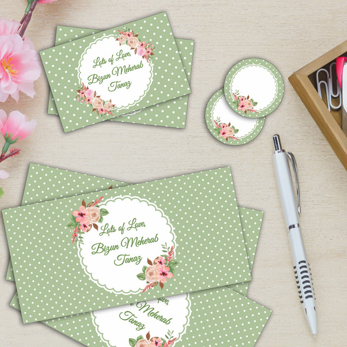 PERSONALISED GIFT ENVELOPES, CARDS & STICKERS COMBO - GREEN POLKA, SET OF 130