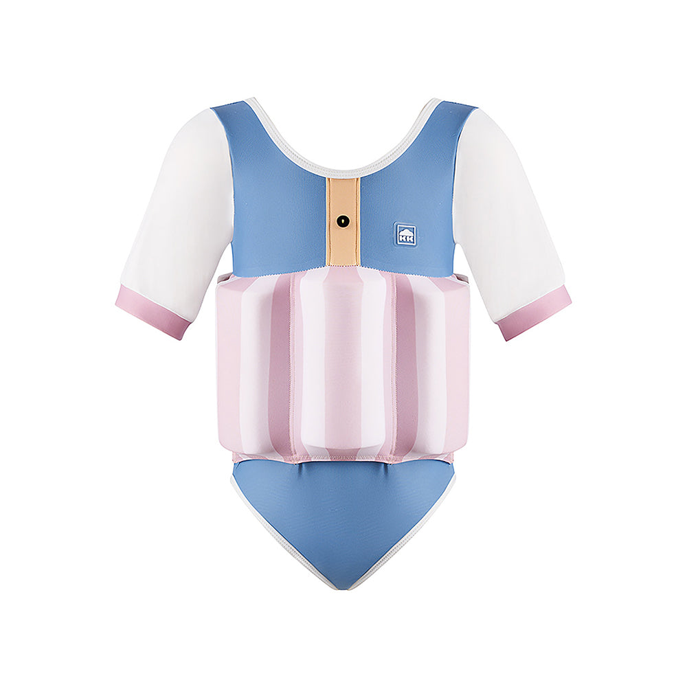 Powder Blue & Pink Stripes Kids Swimsuit with attached Swim Floats + Tie Up Cap in UPF 50+