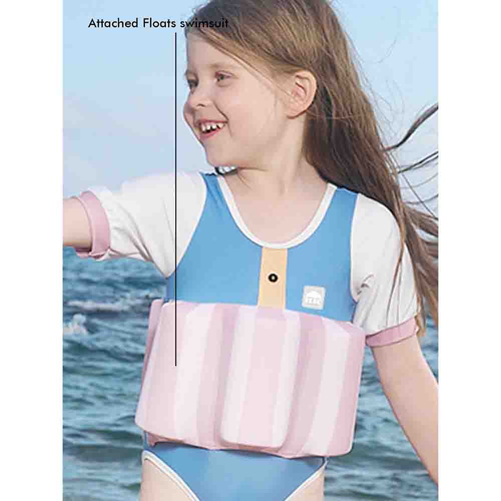 Powder Blue & Pink Stripes Kids Swimsuit with attached Swim Floats + Tie Up Cap in UPF 50+