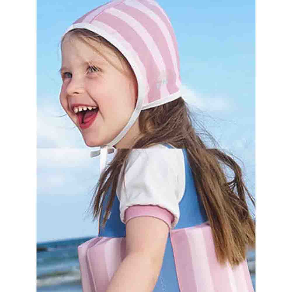 Powder Blue & Pink Stripes Kids Swimsuit with attached Swim Floats + Tie Up Cap in UPF 50+