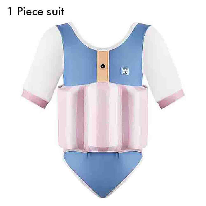 Powder Blue & Pink Stripes Kids Swimsuit with attached Swim Floats + Tie Up Cap in UPF 50+