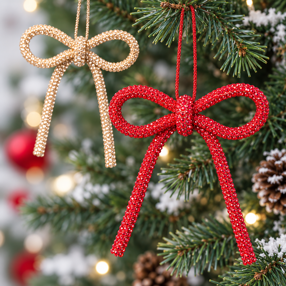 Red & Gold Glitter Bow Ornaments - Set of 2