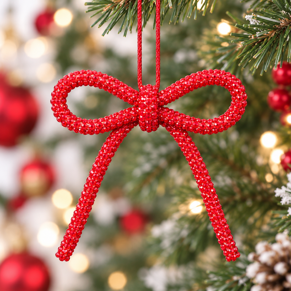 Red & Gold Glitter Bow Ornaments - Set of 2