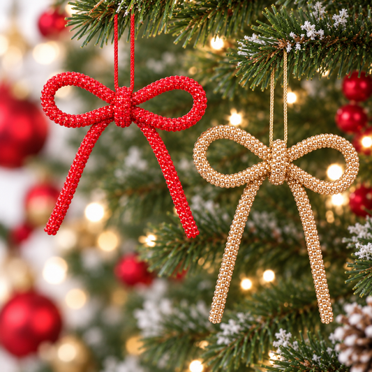 Red & Gold Glitter Bow Ornaments - Set of 2