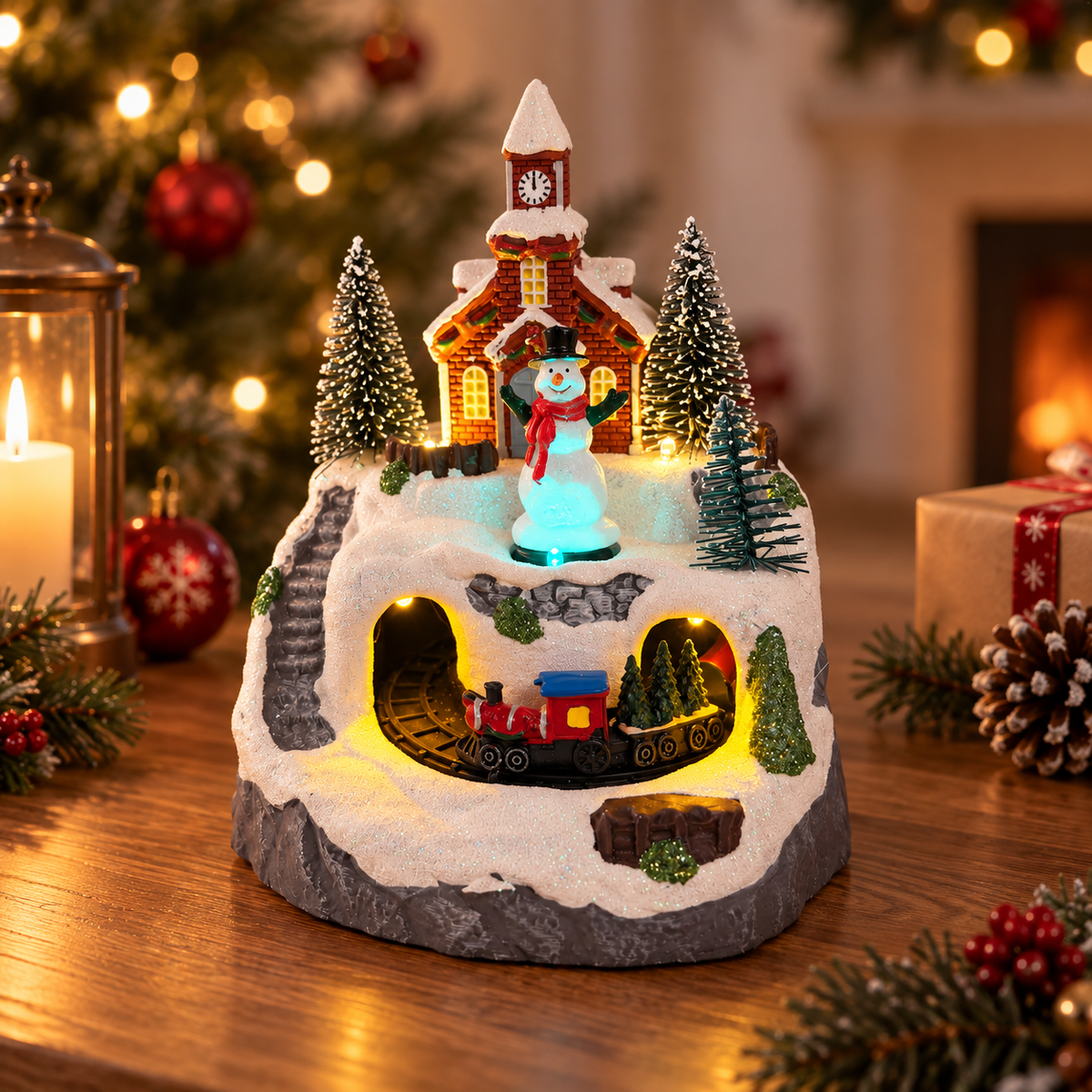Rotating Train Snowman Mountain Top