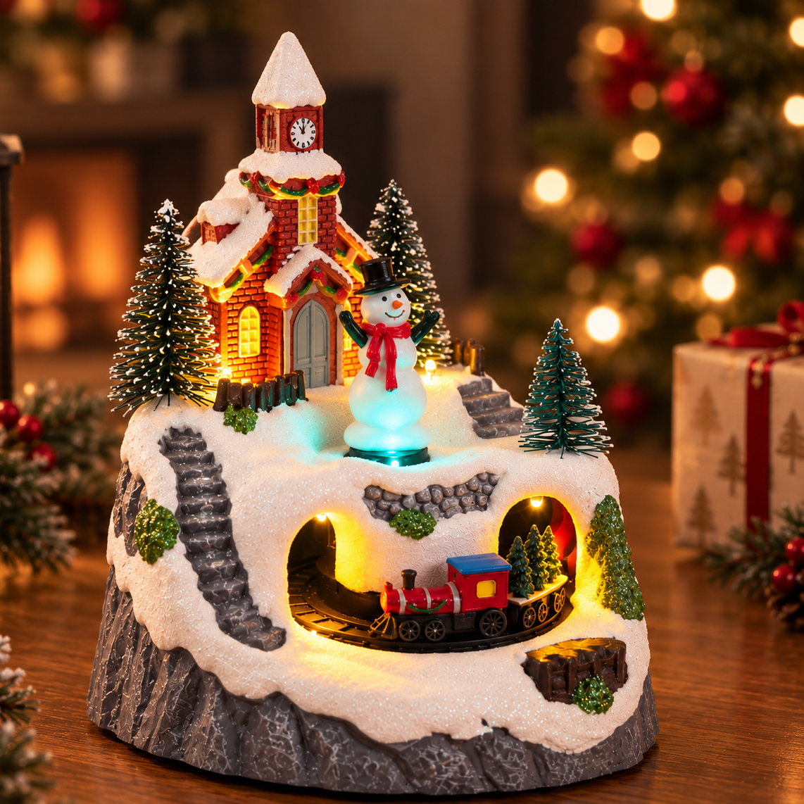 Rotating Train Snowman Mountain Top