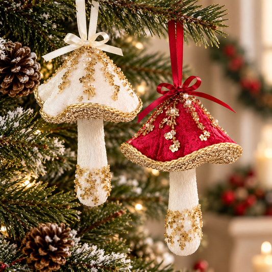 Royal Shimmer Velvet Mushroom Ornaments - Set Of 2