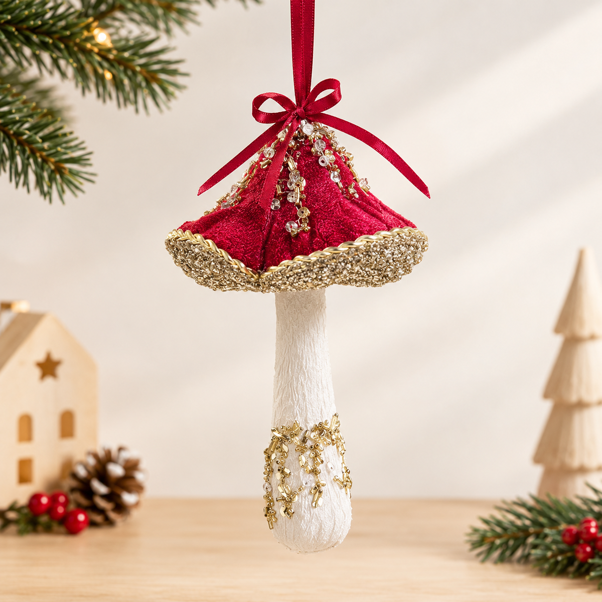 Royal Shimmer Velvet Mushroom Ornaments - Set Of 2
