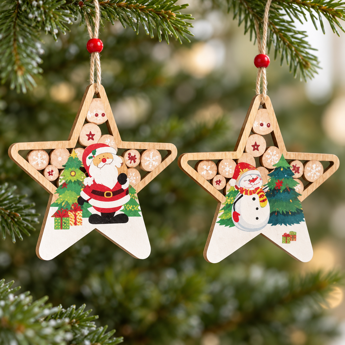 Santa & Snowman Wooden Star Ornament – Set of 2