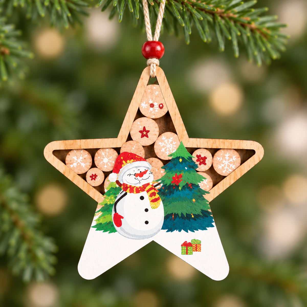 Santa & Snowman Wooden Star Ornament – Set of 2