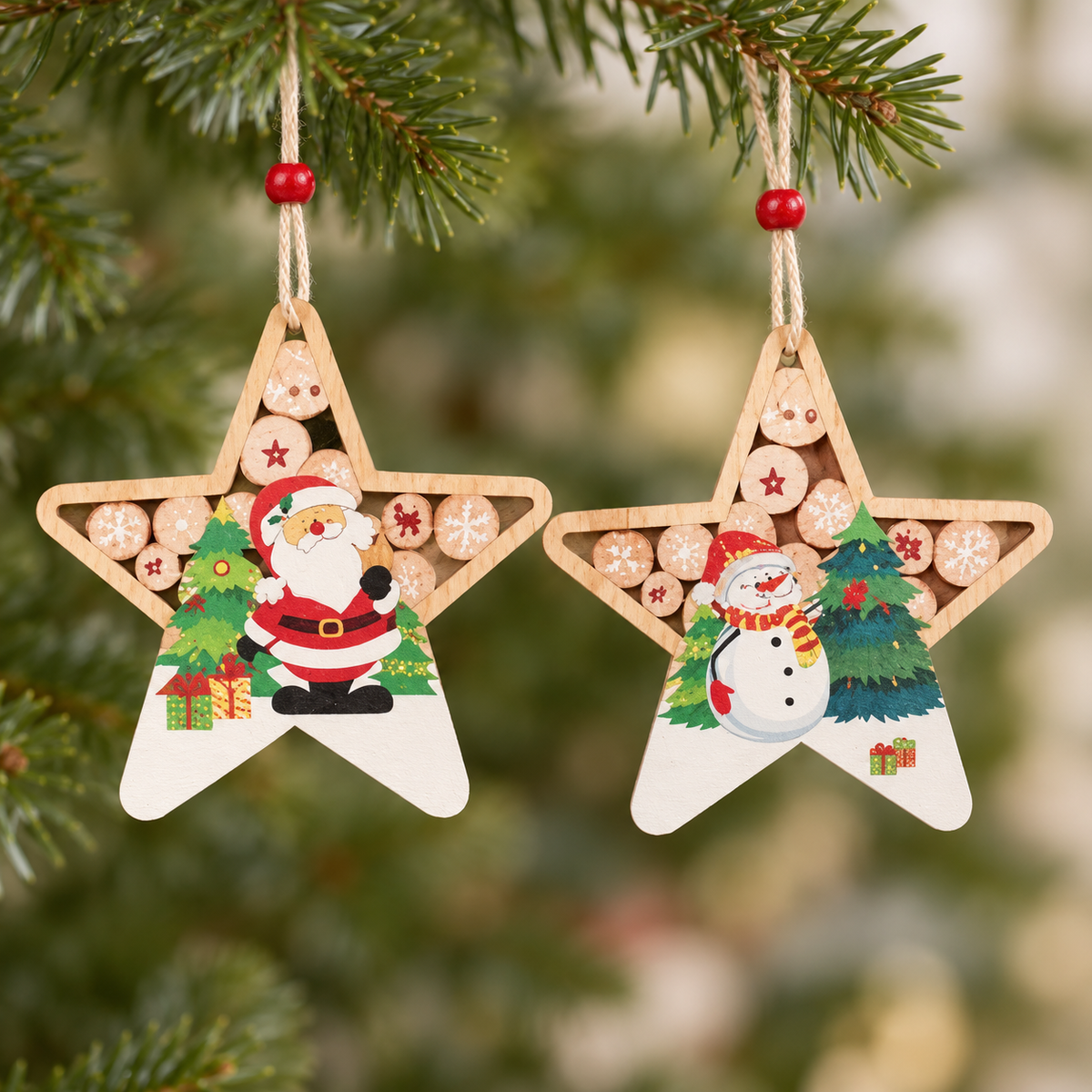 Santa & Snowman Wooden Star Ornament – Set of 2