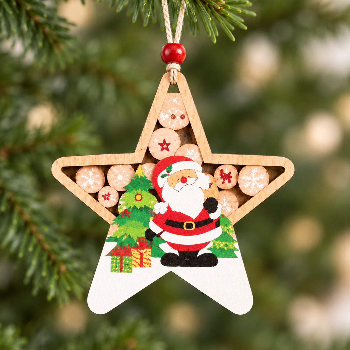 Santa & Snowman Wooden Star Ornament – Set of 2