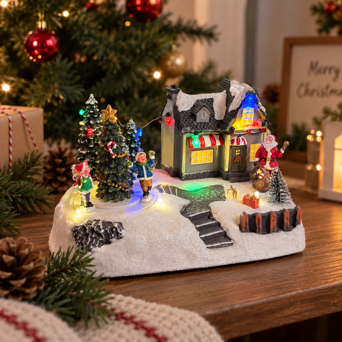 Santa's Cozy Café with Rotating Skaters