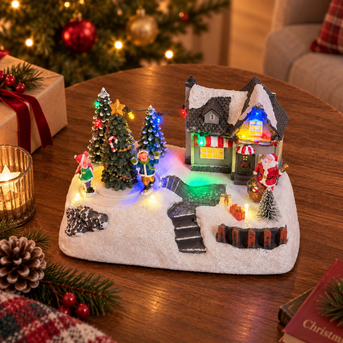Santa's Cozy Café with Rotating Skaters