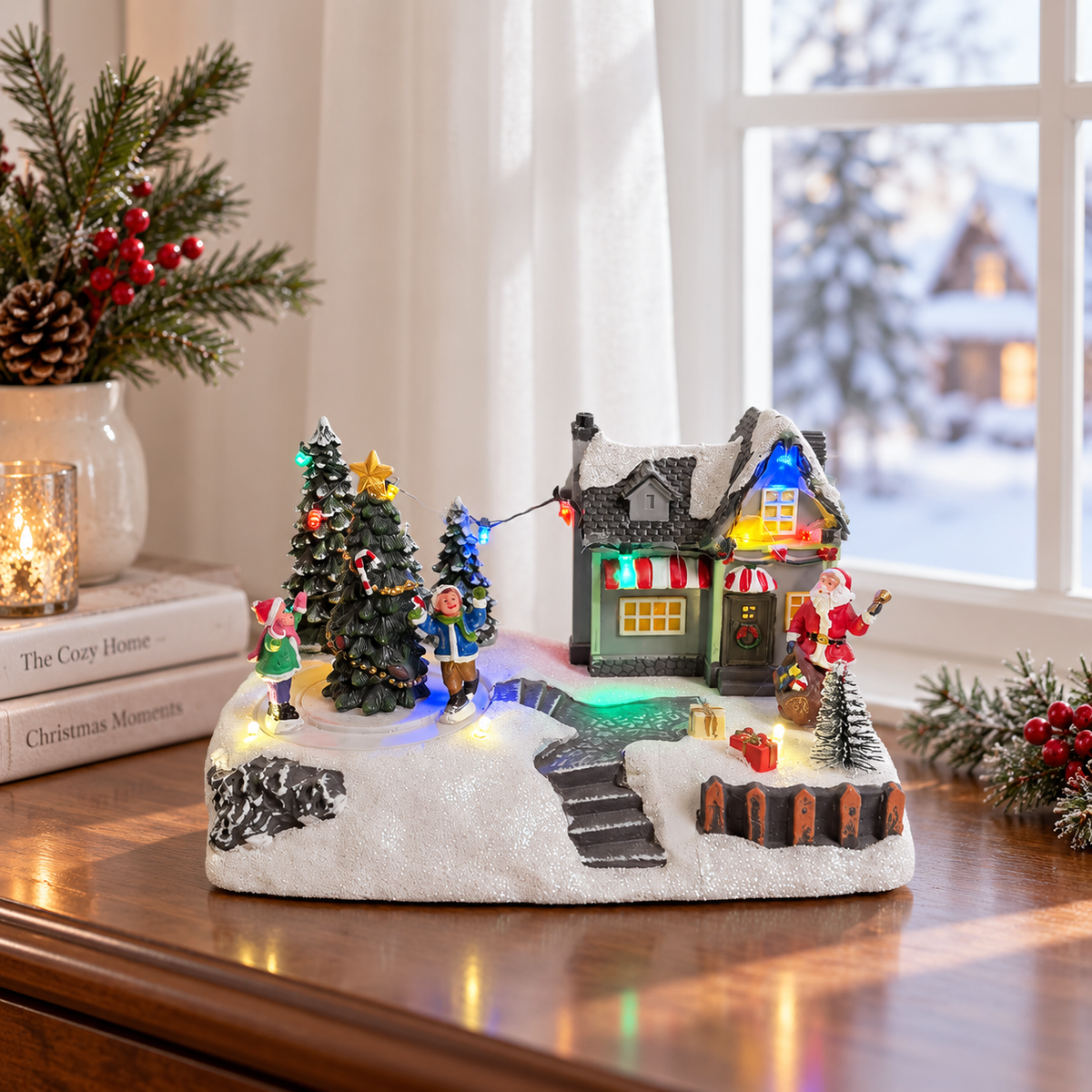Santa's Cozy Café with Rotating Skaters