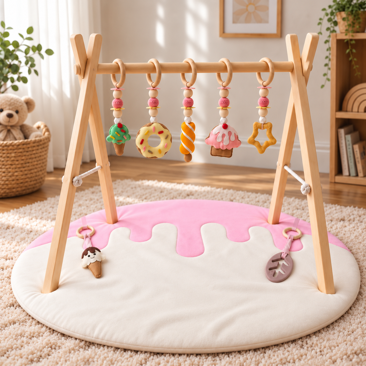 Scoops of Joy – Wooden Baby Play Gym With Play Mat