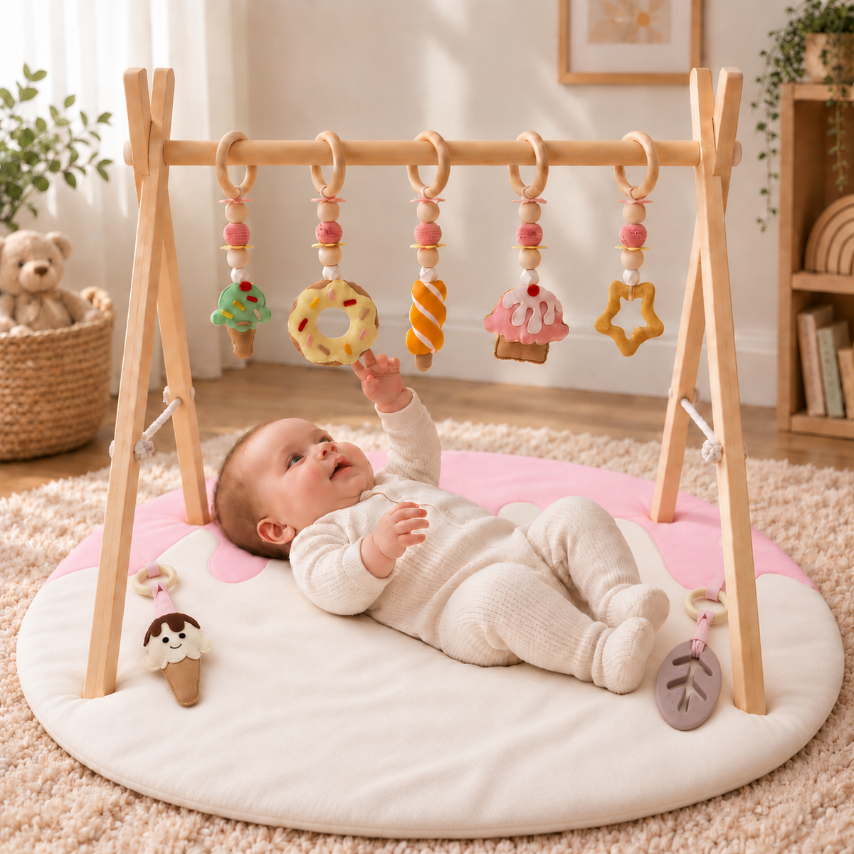 Scoops of Joy – Wooden Baby Play Gym With Play Mat