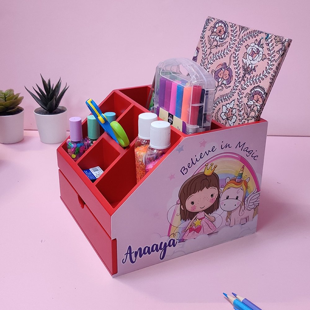 Stationery Stand with Drawer- Pink Unicorn
